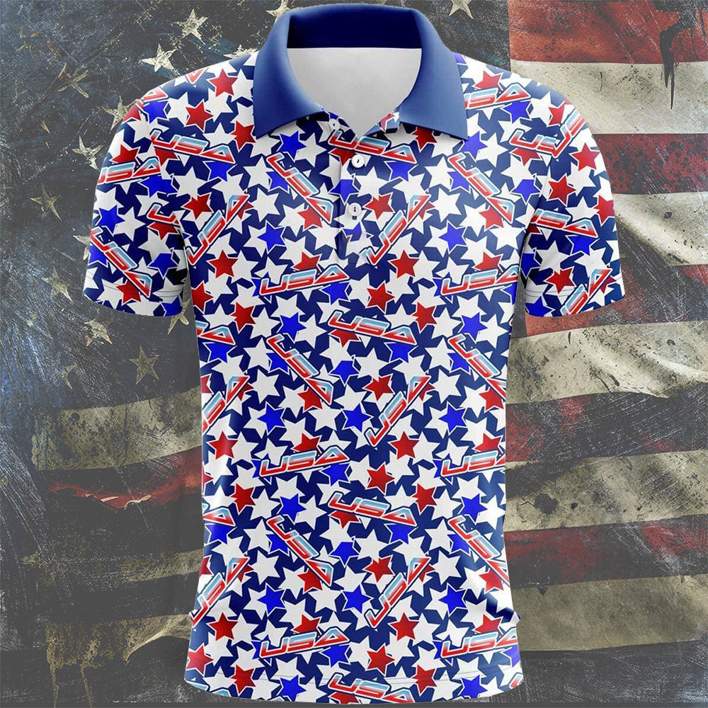 USA Star Polo Shirt Mens Patriotic Golf Shirts Gift For Golfer Husband