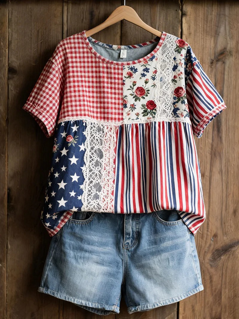 USA Stars And Stripes Patchwork T-Shirt Patriotic Independence Day Shirt Gift For Mom
