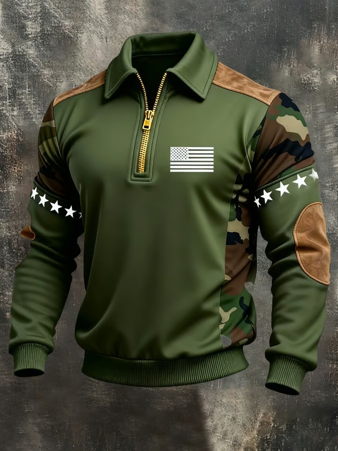 USA Tactical Collar Zipper Polo Sweatshirt Military Camo American Flag Clothes Patriotic Gift