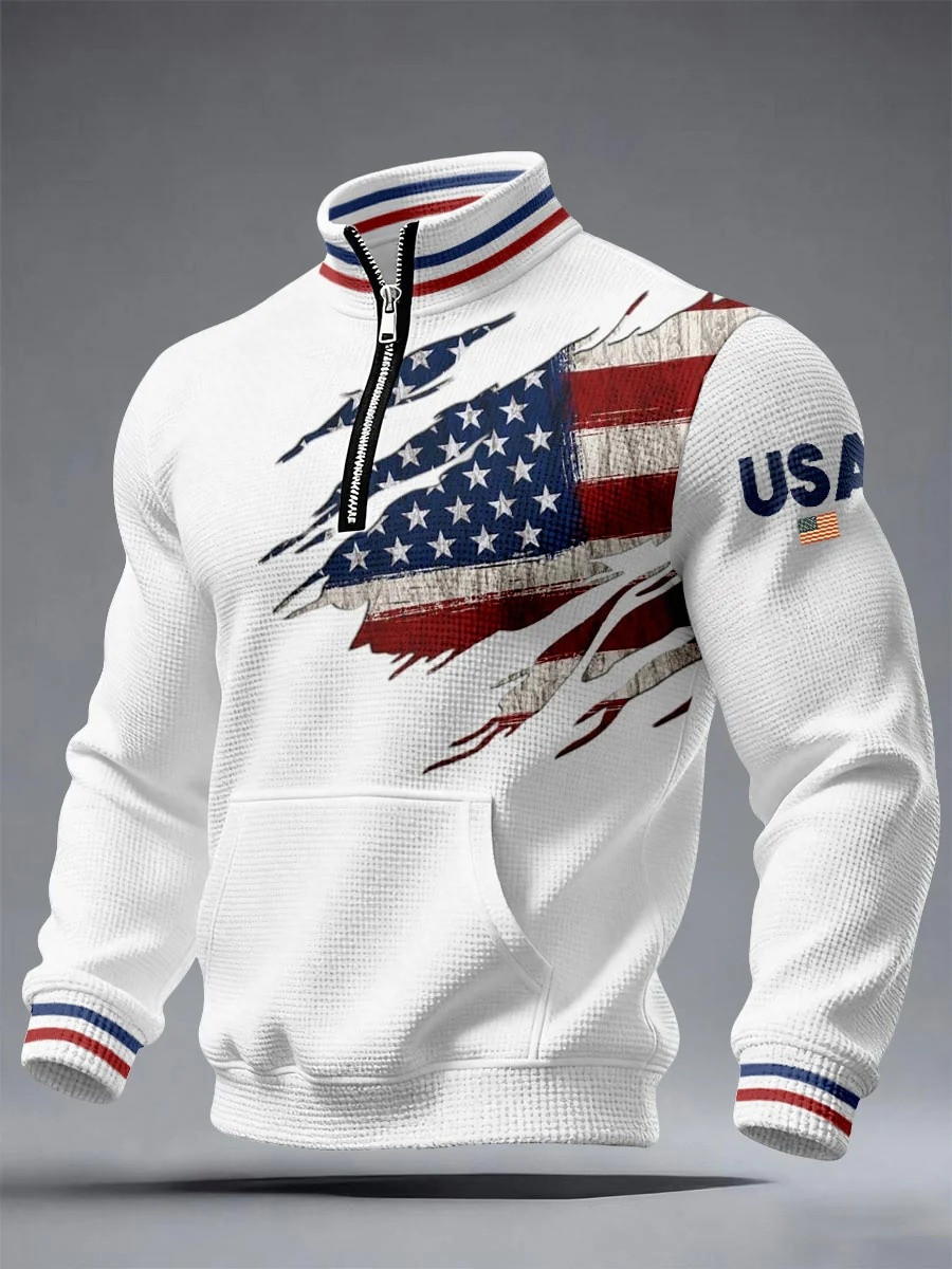 USA Torn Flag Quarter Zip Hoodie Mens Quarter Zip Sweaters Patriotic 250th Anniversary Gift