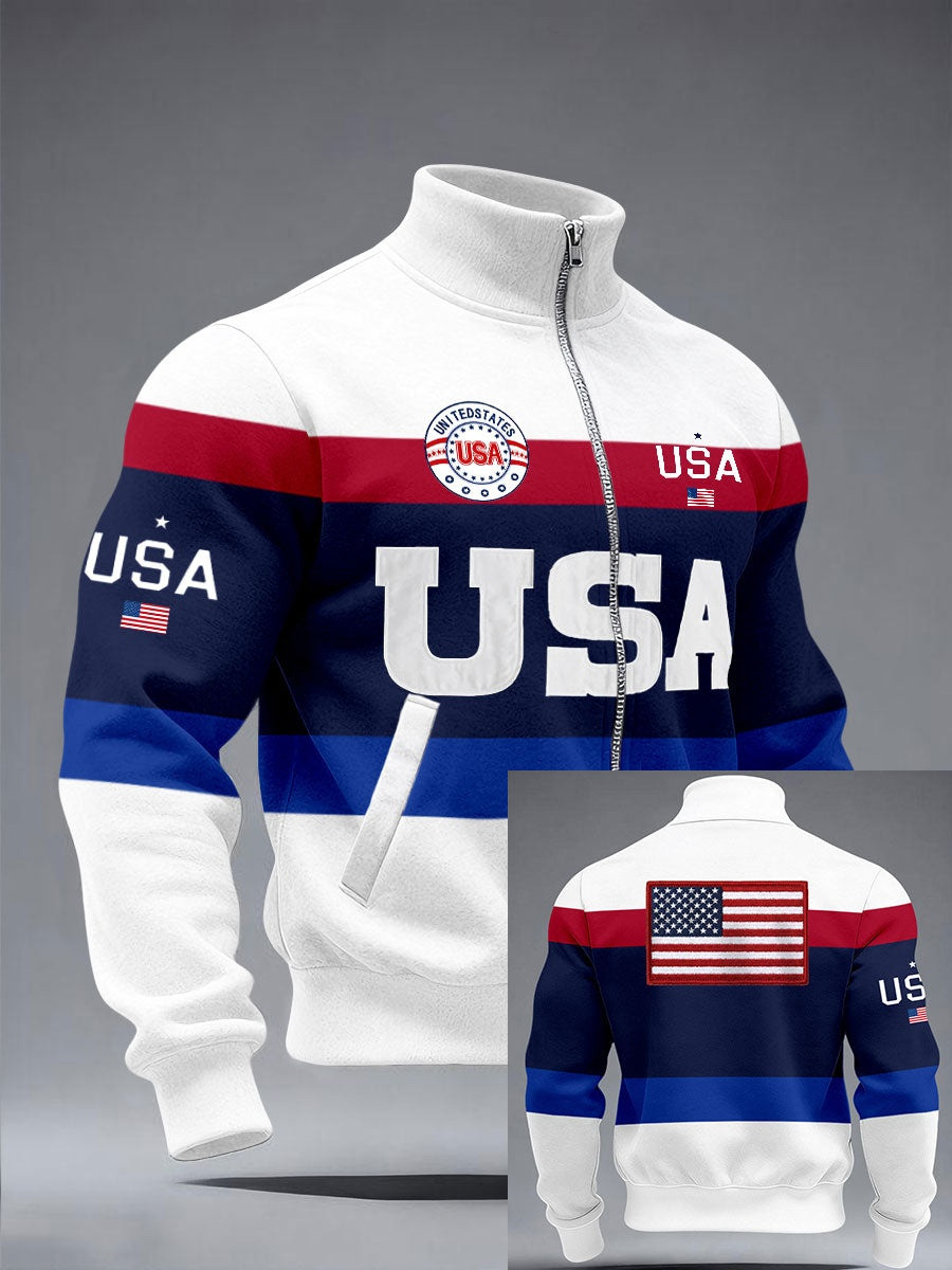 USA Tricolor Zip Jacket Mens Patriotic Apparel 250th Anniversary American Flag Gift For Him