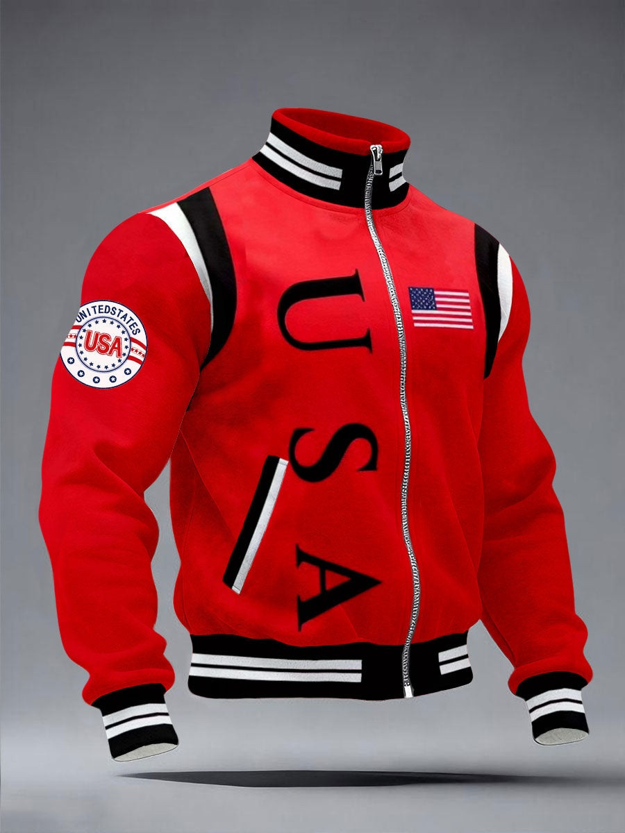 USA Varsity Zip Jacket Mens Patriotic Apparel 250th Anniversary American Flag Fan Gear Gift