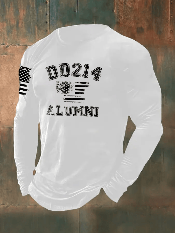 USA Veteran Merch DD214 Alumni Pattern Long Sleeve T-Shirt American Flag Print Gift for Dad