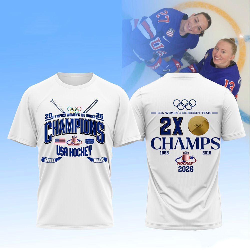 USA Women Ice Hockey 2026 Olympic 2X Champions Graphic T-Shirt White Patriotic Gift Ideas
