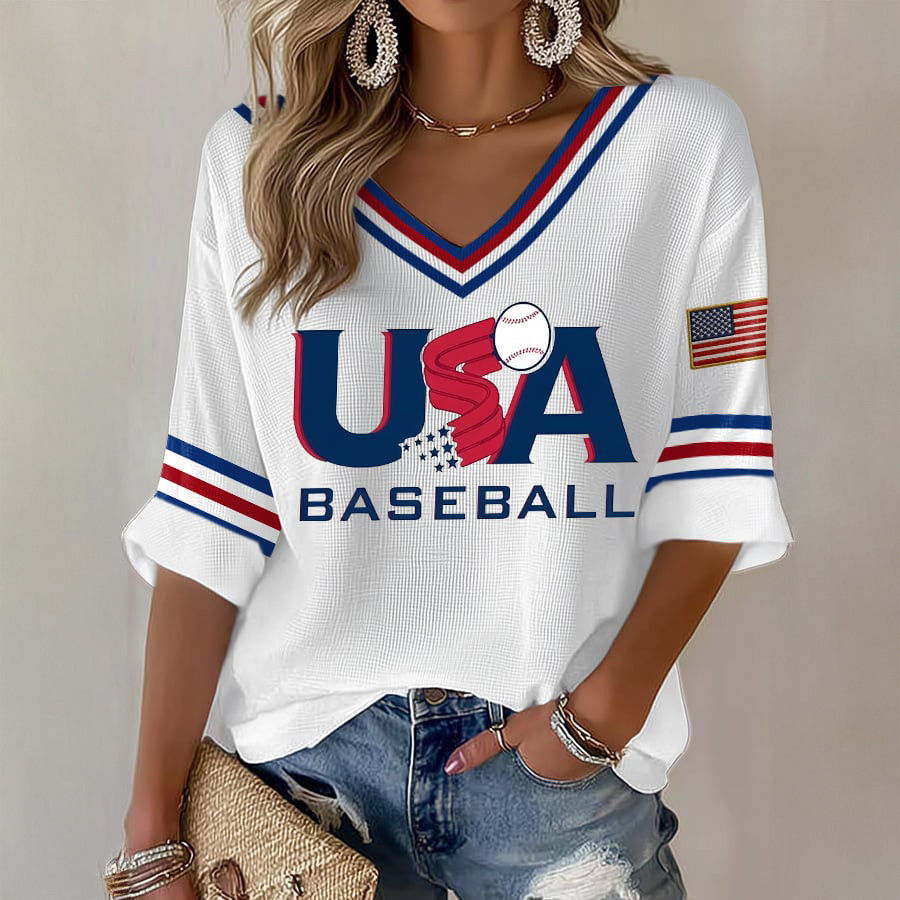 USA World Baseball Classic V-Neck Long Sleeve Shirt Game Day Chic Baseball Merch