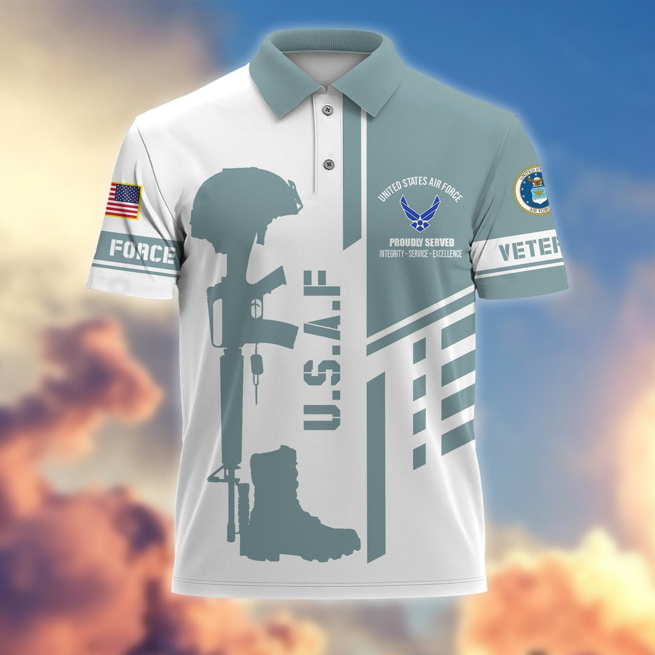 USAF Air Force Army Proudly Served Integrity Service Excellence Polo Shirt Perfect Gift For Dad and Husband on Veterans Day