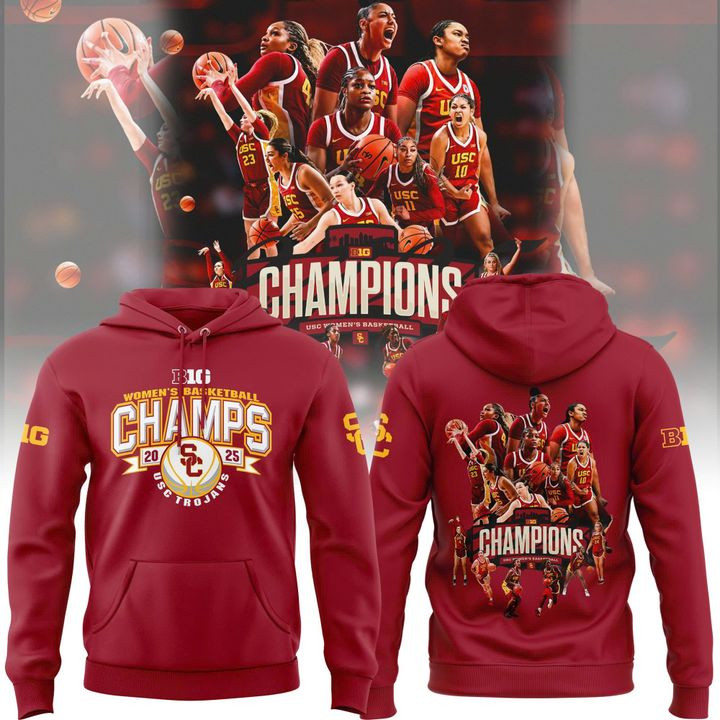 USC Trojans Women's Basketball Champions 2025 Hoodie Red Maroon New Big Ten Uniform