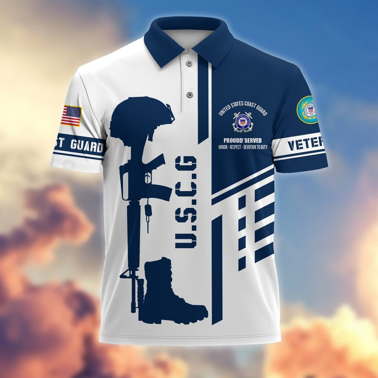 USCG Coast Guard Proudly Served Honor Respect Devotion To Duty Polo Shirt Perfect Gift For Dad and Husband on Veterans Day