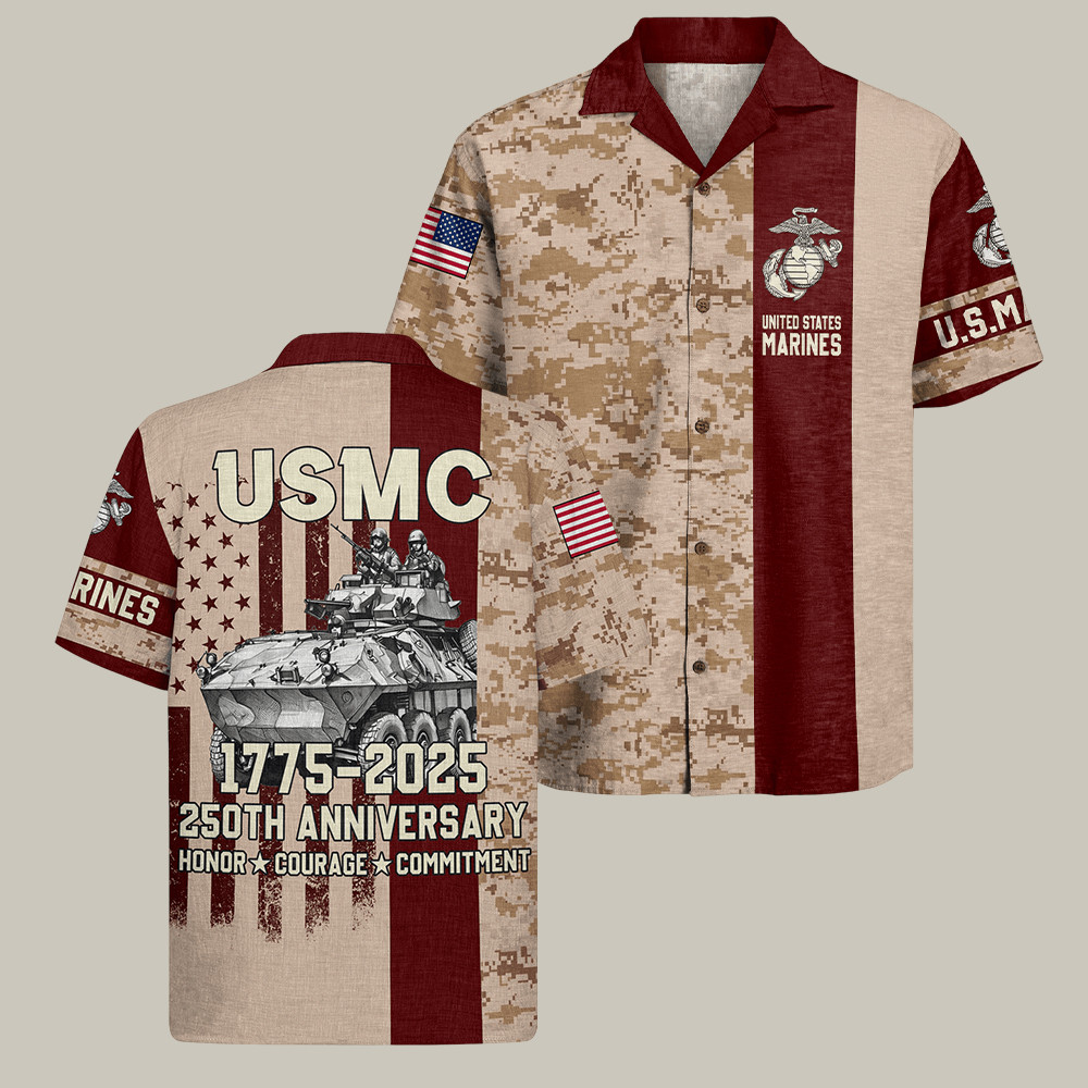 USMC 250th Anniversary 1775 2025 Camo Hawaiian Shirt Honor Courage Commitment Patriot Gear Gifts