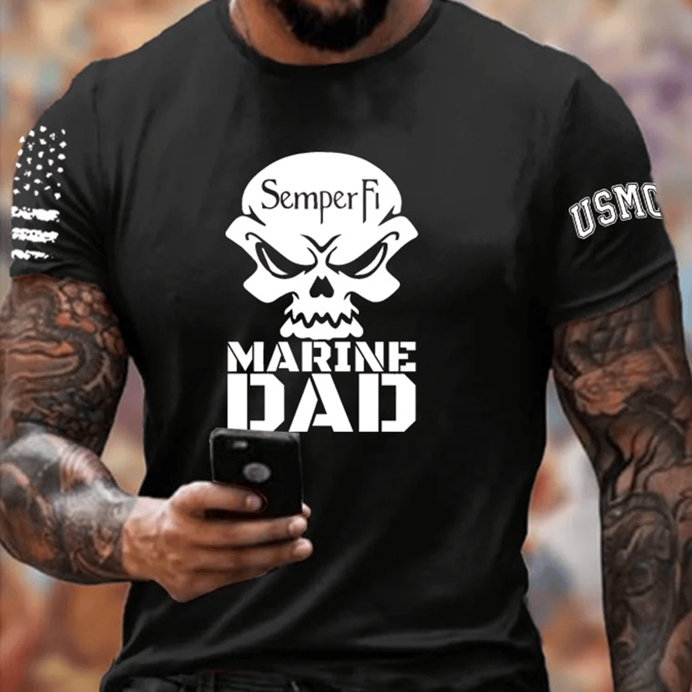 USMC 250th Anniversary Black T-Shirt Semper Fi Marine Dad Skull Pattern Shirt Usmc Gifts