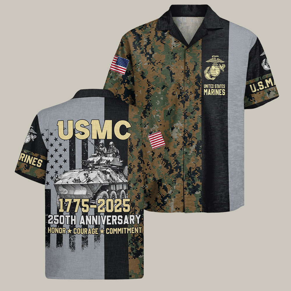 USMC 250th Anniversary Camo Hawaiian Shirt Honor Courage Commitment Patriotic Clothing Gift