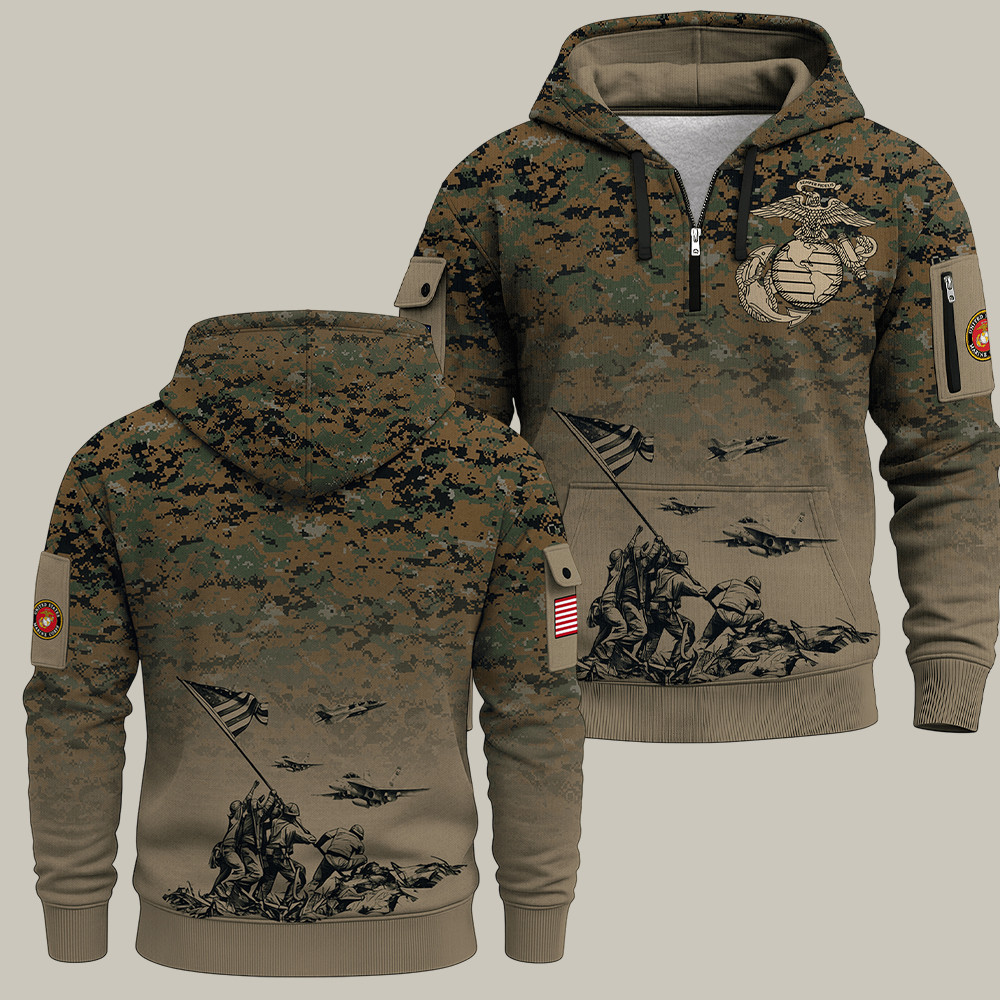 USMC 250Th Anniversary Camo Quarter Zip Hoodie Forged By The Sea Marine Dad Gift
