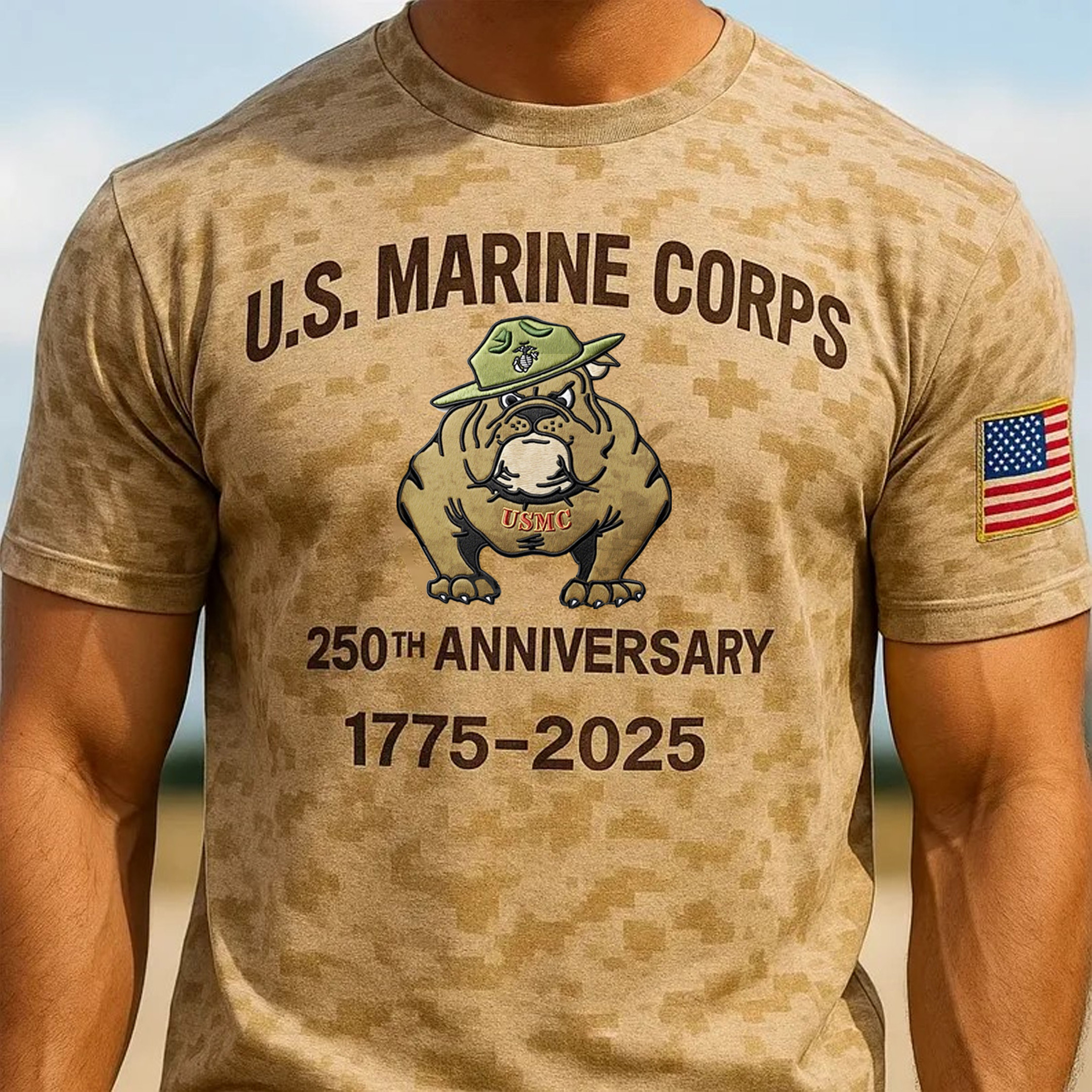 USMC 250th Anniversary Desert Camouflage Retro Devil Dog Shirt Gifts For Marine Corps
