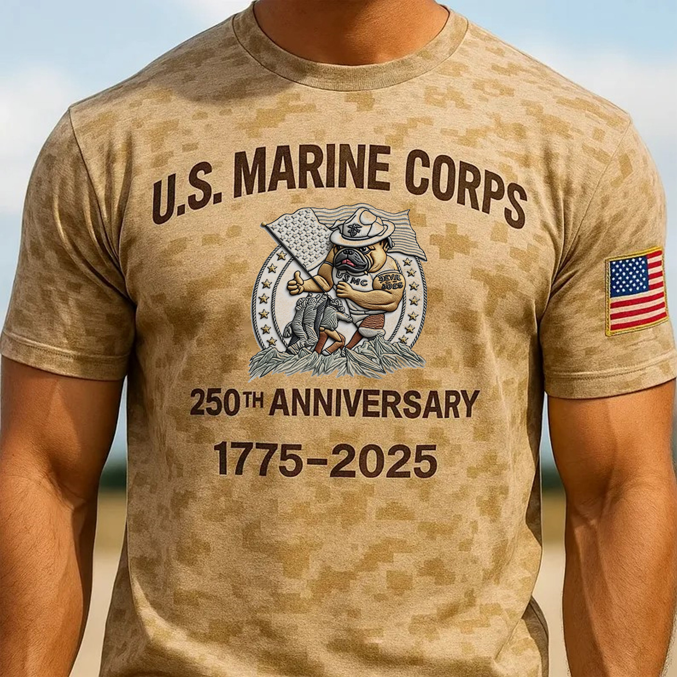 USMC 250th Anniversary Desert Camouflage Retro Flag Devil Dog Shirt Gifts For Father