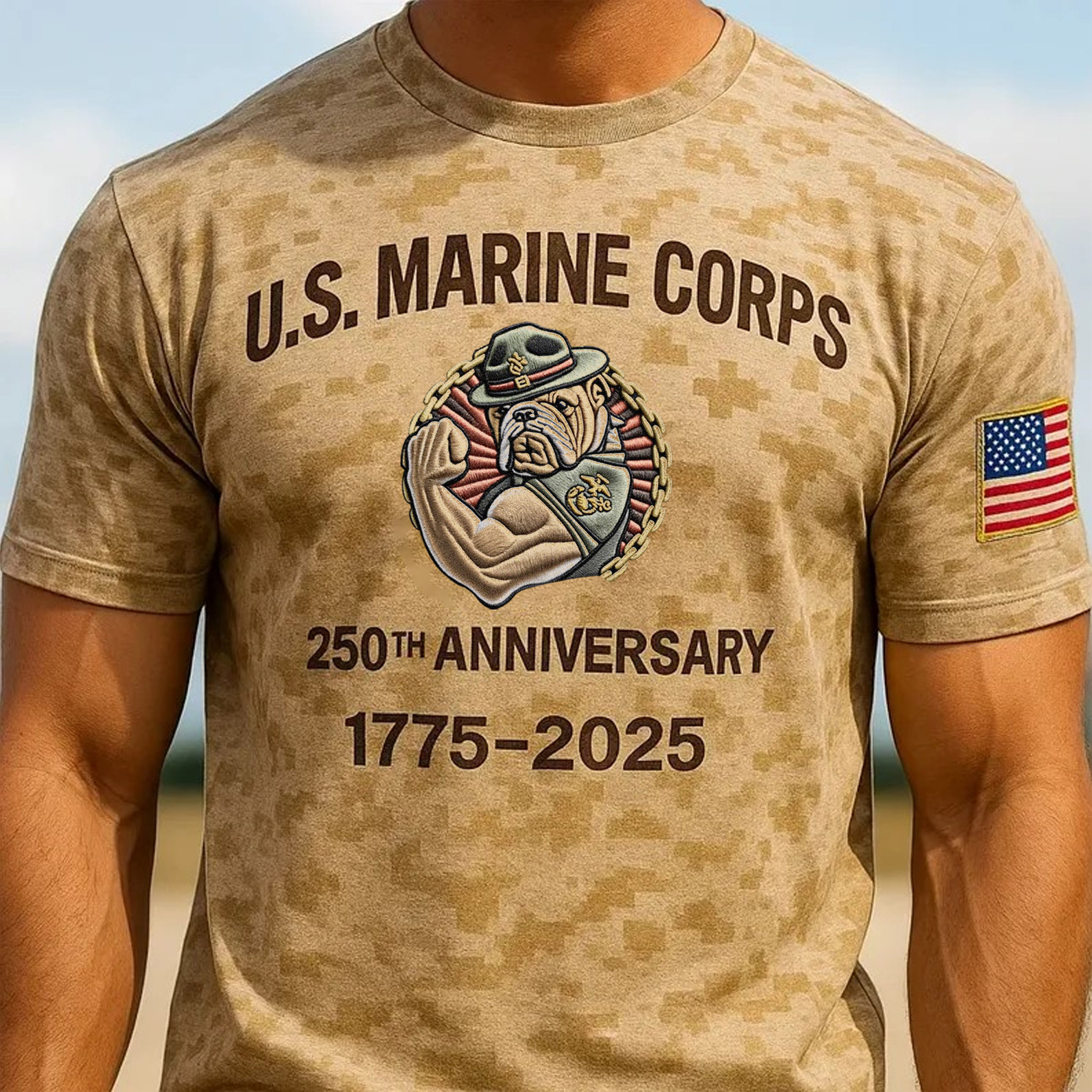 USMC 250th Anniversary Desert Camouflage Retro Muscle Devil Dog Shirt Gifts For Father
