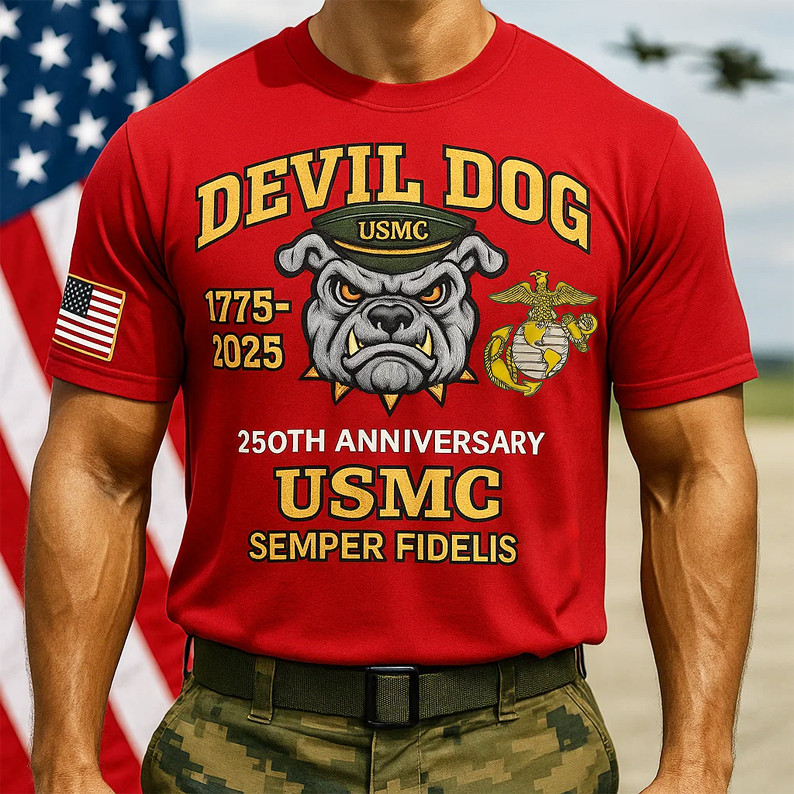 USMC 250th Anniversary Marine Corps Veteran Devil Dog Shirt Proud Military Patriotic Tees