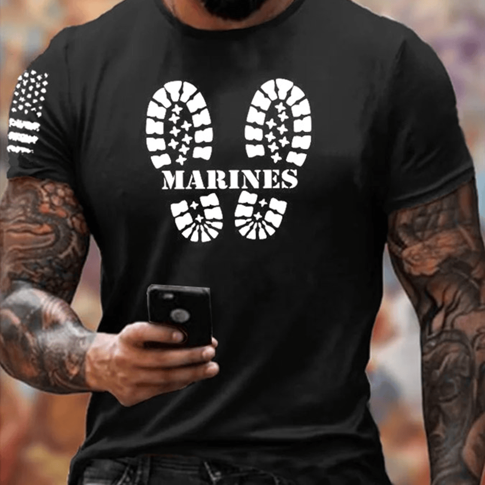 USMC 250Th Anniversary Marines Black T-Shirt Footprint Pattern Shirt Gifts For Marine Veterans