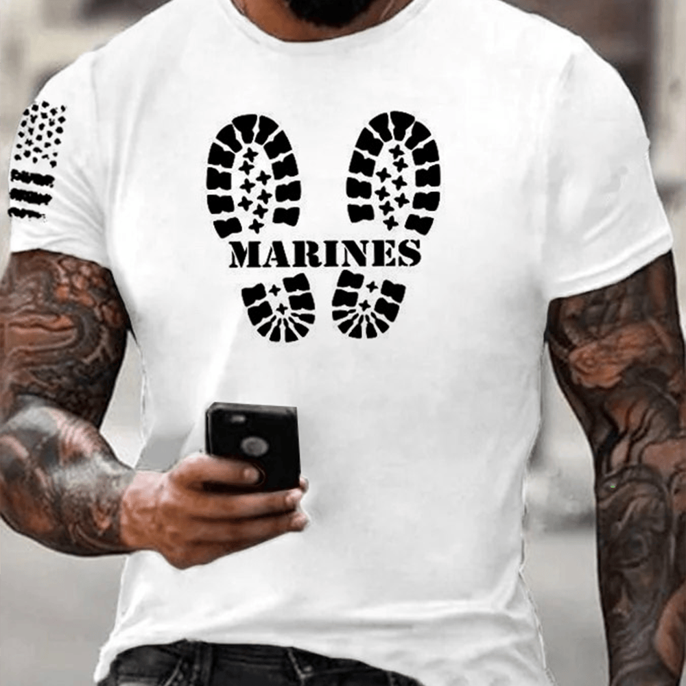 USMC 250Th Anniversary Marines White T-Shirt Footprint Pattern Shirt Gifts For Marine Veterans