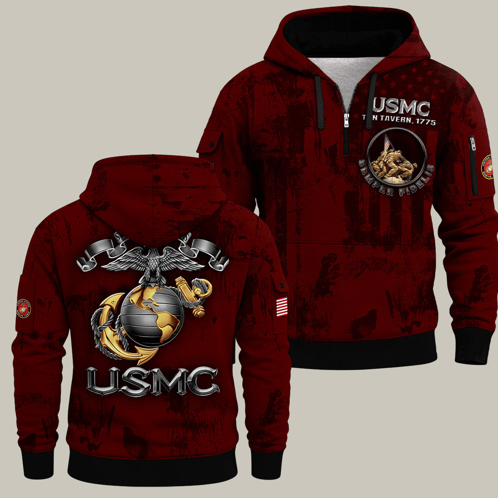 USMC 250Th Anniversary Quarter Zip Hoodie Semper Fidelis Patriotic Marine Gear Gifts