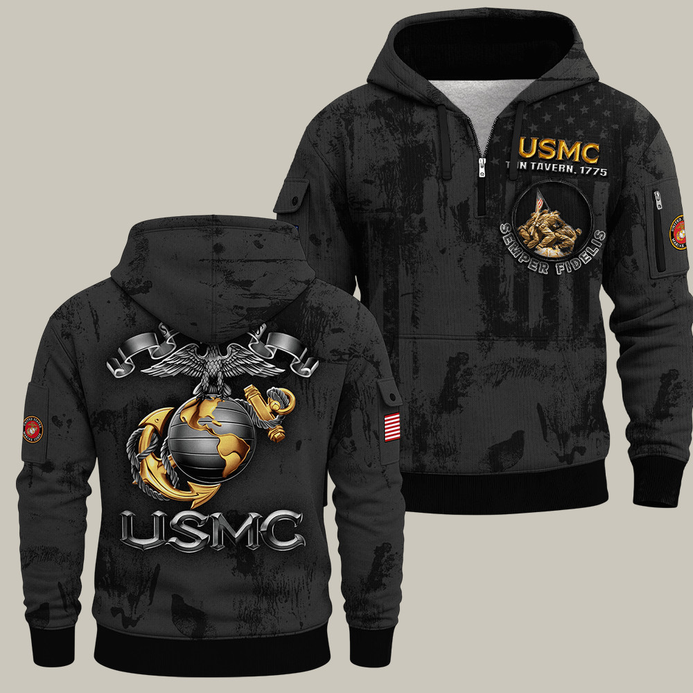 USMC 250Th Anniversary Quarter Zip Hoodie Semper Fidelis Usmc Clothing Marine Gifts