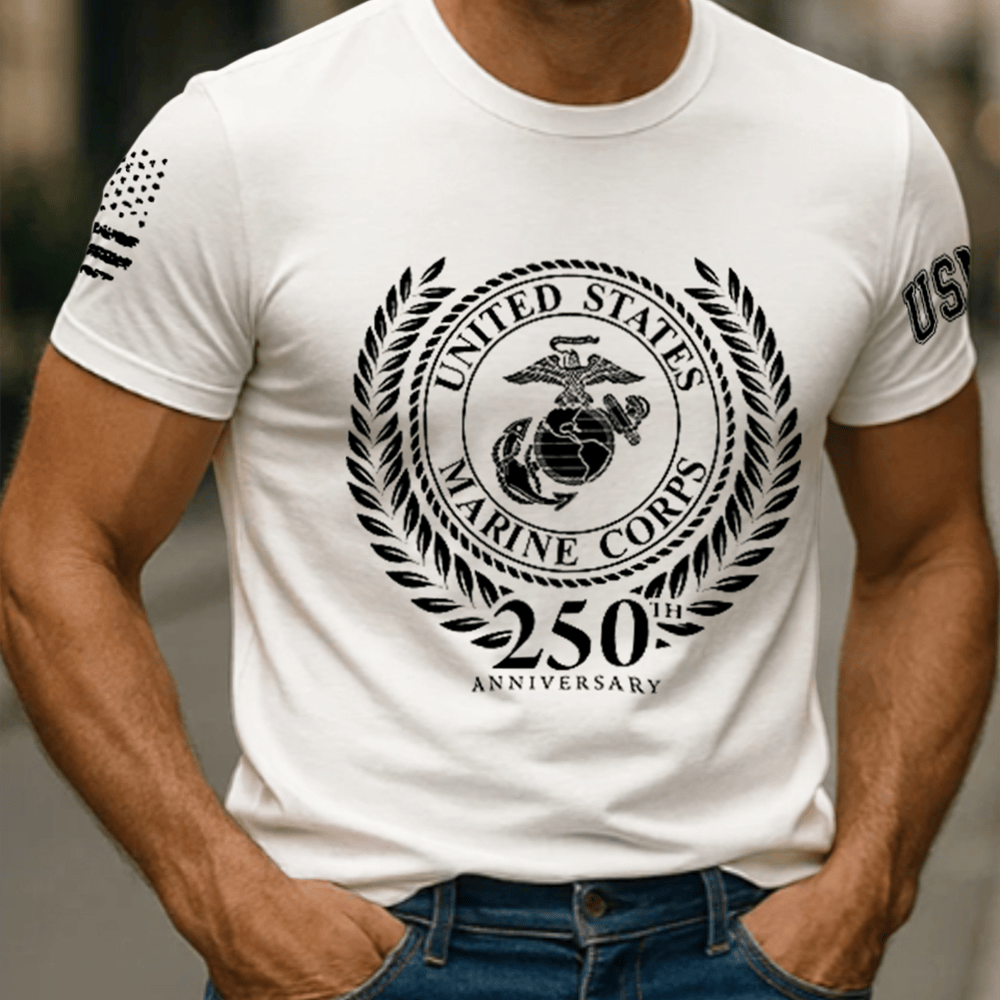USMC 250th Anniversary White T-Shirt American Flag Usmc Apparel Great Gifts For Marines