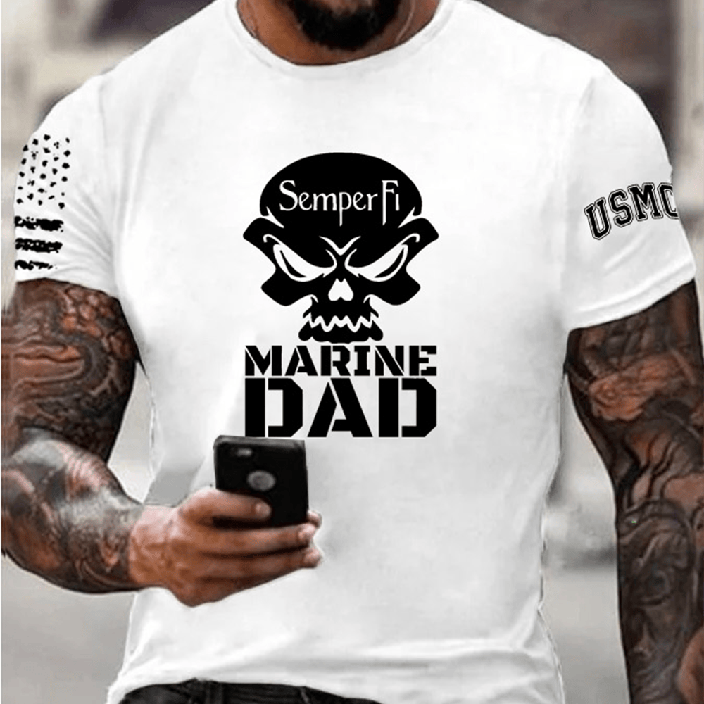 USMC 250th Anniversary White T-Shirt Semper Fi Marine Dad Skull Pattern Shirt Usmc Gifts