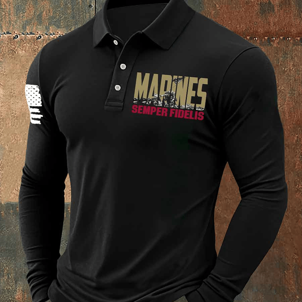 USMC 250th Birthday Black Polo Button Long Sleeve Semper Fidelis Usmc Apparel Patriotic Gifts