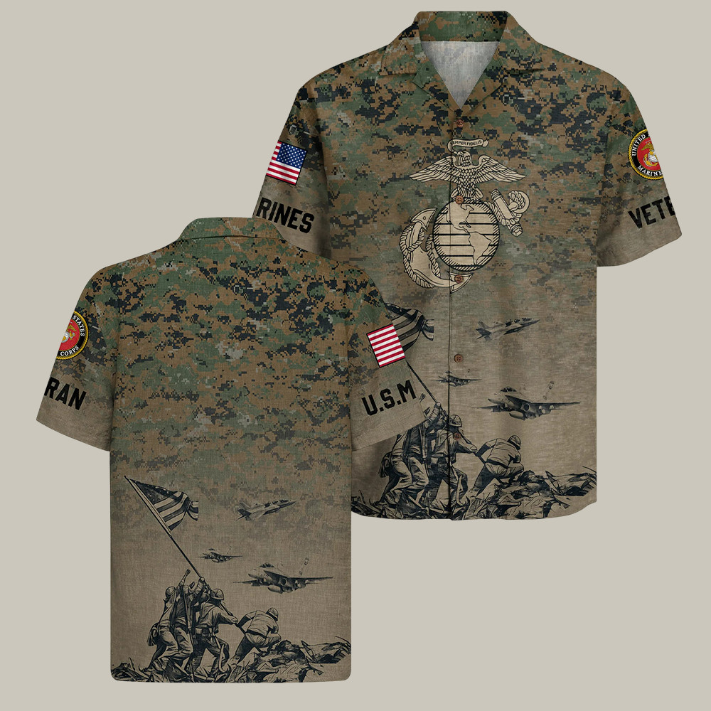 USMC 250th Birthday Camo Hawaiian Shirt Semper Fidelis Patriotic Clothing Veteran Presents