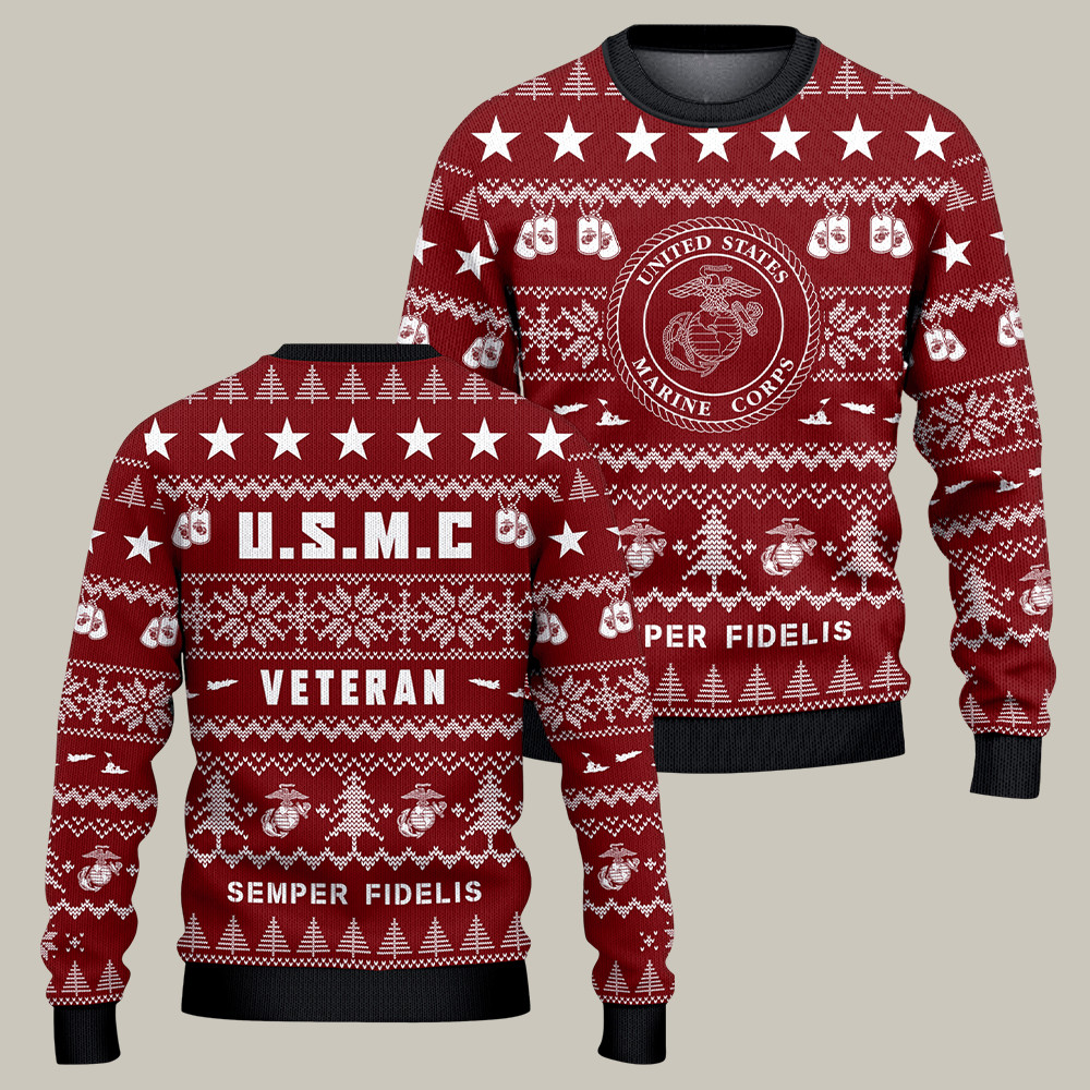 USMC 250th Birthday Ugly Christmas Sweater USA Military Pride Patriotic Gifts