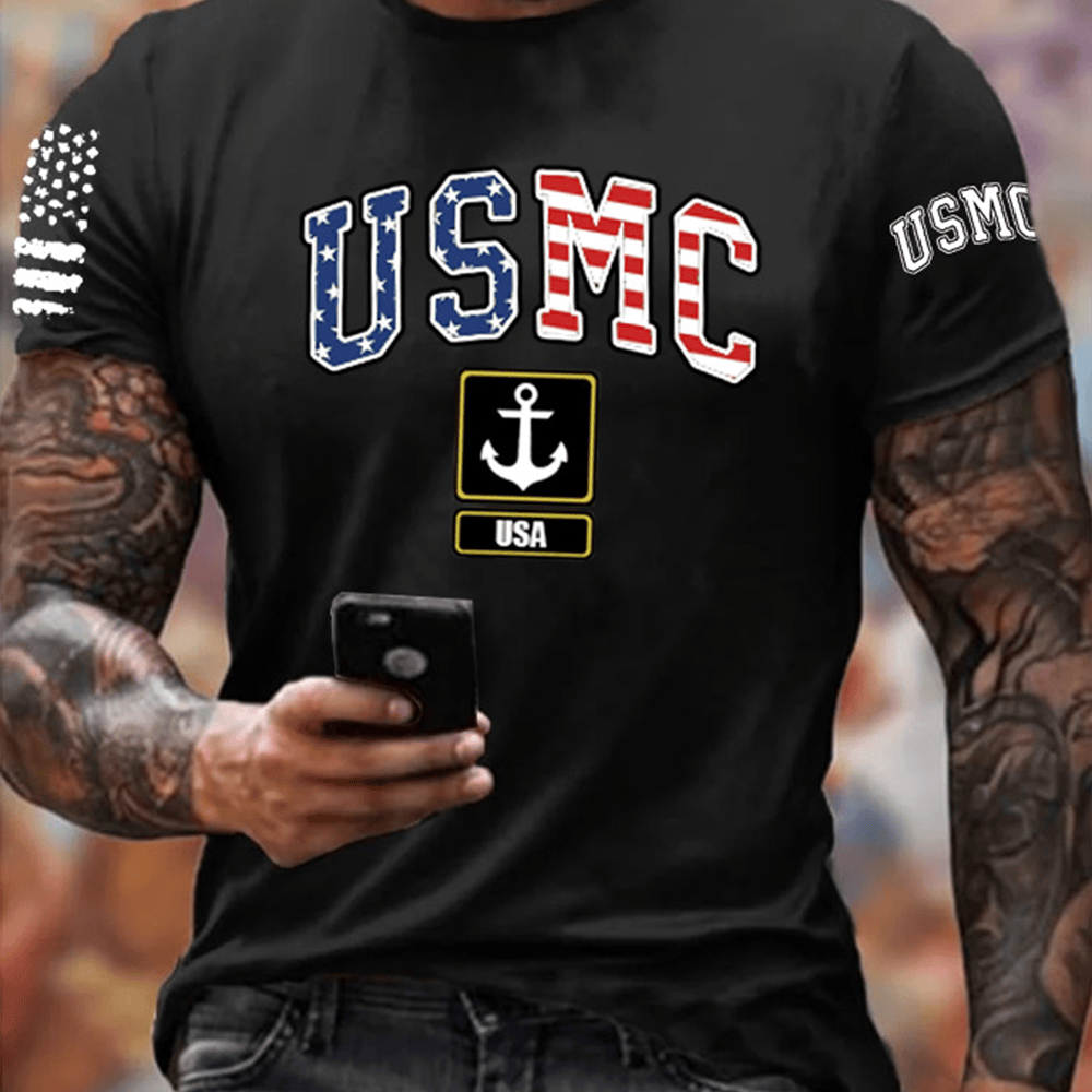 USMC Anchor Pattern Black T-Shirt Proud Marine Corp Patriotic Apparel Usmc Presents