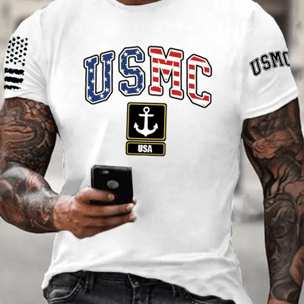 USMC Anchor Pattern White T-Shirt Proud Marine Corp Patriotic Apparel Usmc Presents