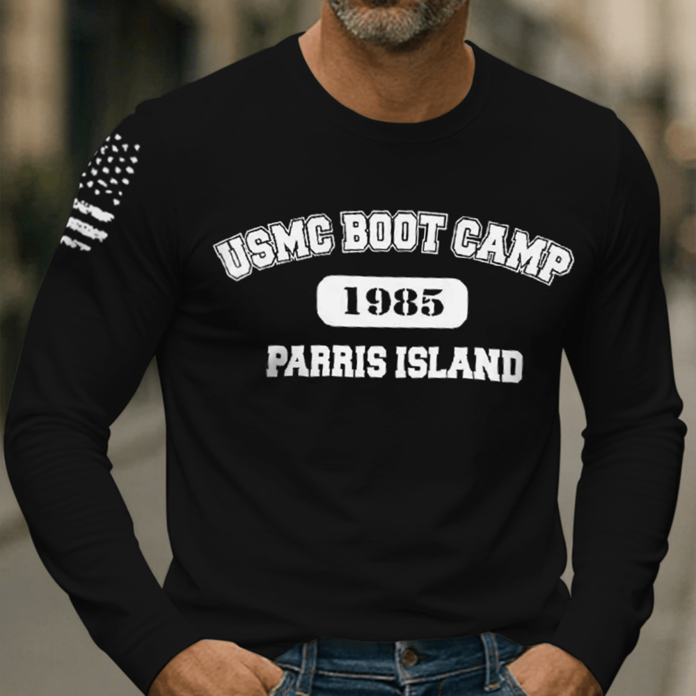 USMC Boot Camp 1985 Parris Island Long Sleeve Shirt American Flag Patriotic Apparel Usmc Gifts