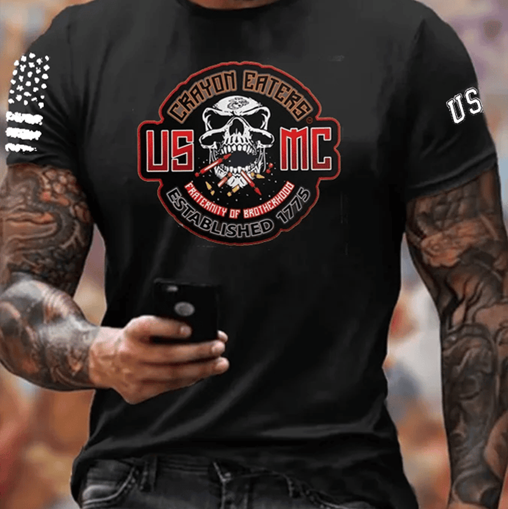 USMC Crayon Eaters Established 1775 T-Shirt White Skull Design Proud Marines Patriotic Gifts