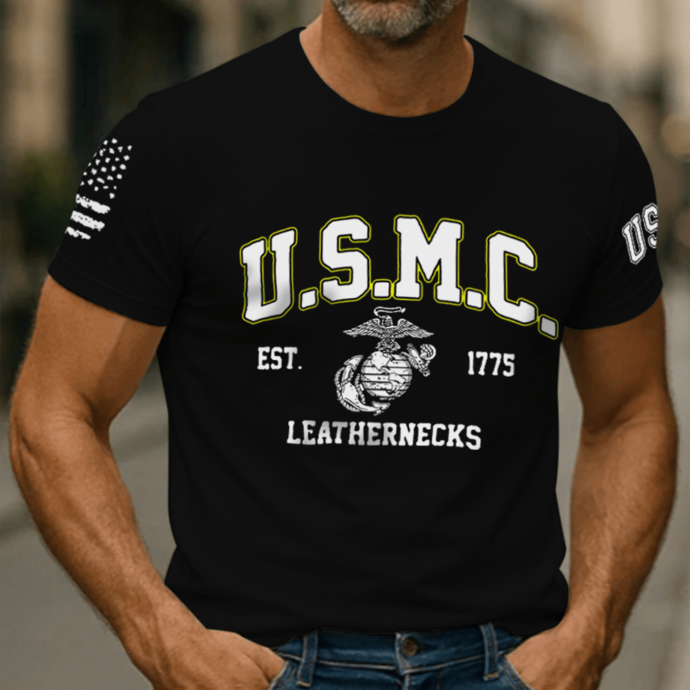 USMC Leathernecks Est 1775 Black T-Shirt Proud Marine Corp Patriotic Gifts For Men