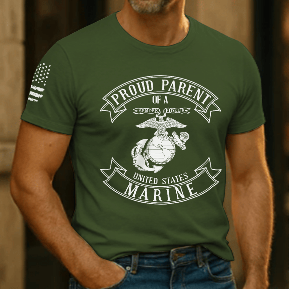 USMC Proud Parent Of A Marine T-Shirt American Flag Patriotic Clothes United States Marine Gift