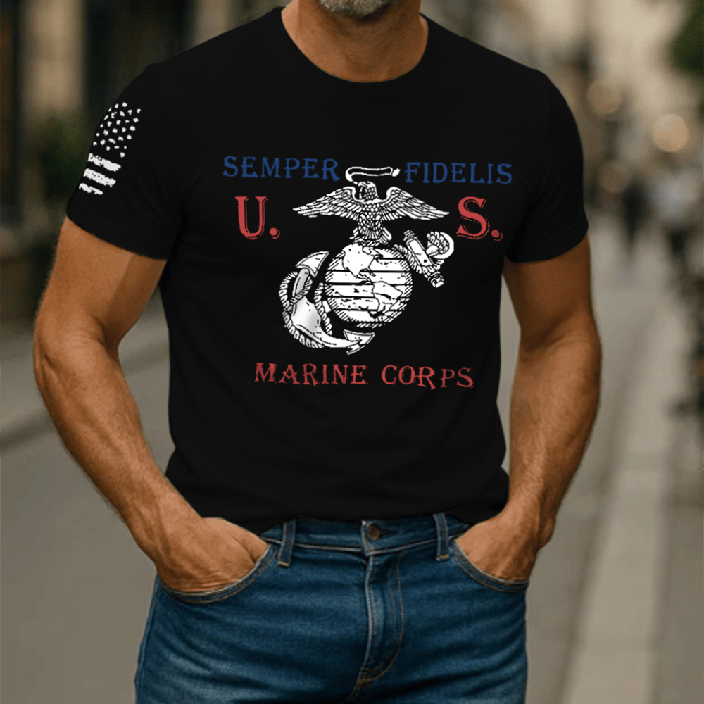 USMC Semper Fidelis 4th Of July Black T-Shirt American Flag Shirt Patriotic Gifts