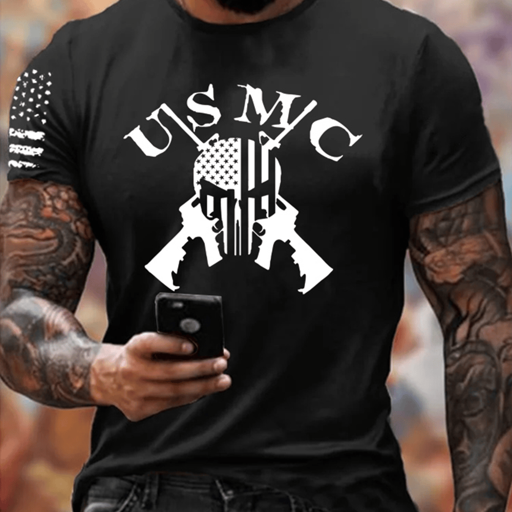 USMC Skull American Flag Black Tee Shirt Proud Marine Corps Patriotic Gifts For Veterans