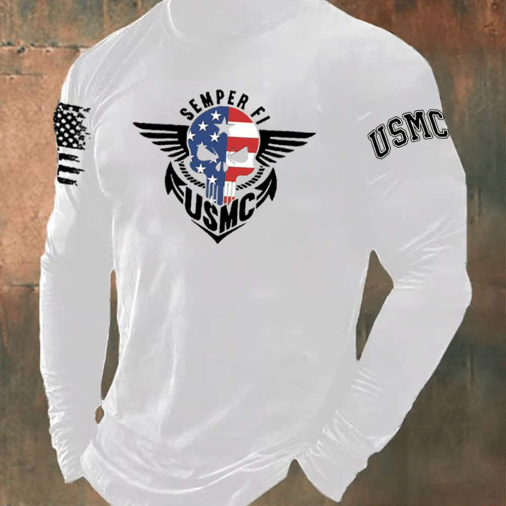 USMC Skull American Flag Semper Fi Pattern Long Sleeve Shirt Proud Marines Patriotic Shirt