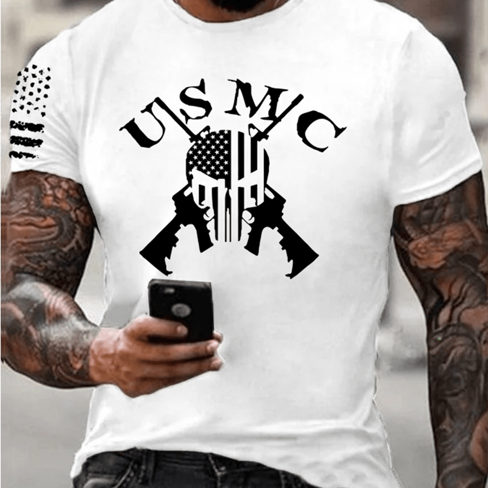 USMC Skull American Flag White Tee Shirt Proud Marine Corps Patriotic Gifts For Veterans