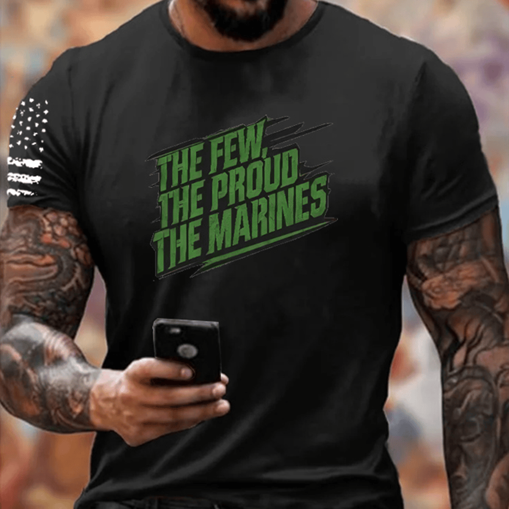 USMC Veteran Black T-Shirt The Few The Proud The Marines Pattern Patriotic Shirt