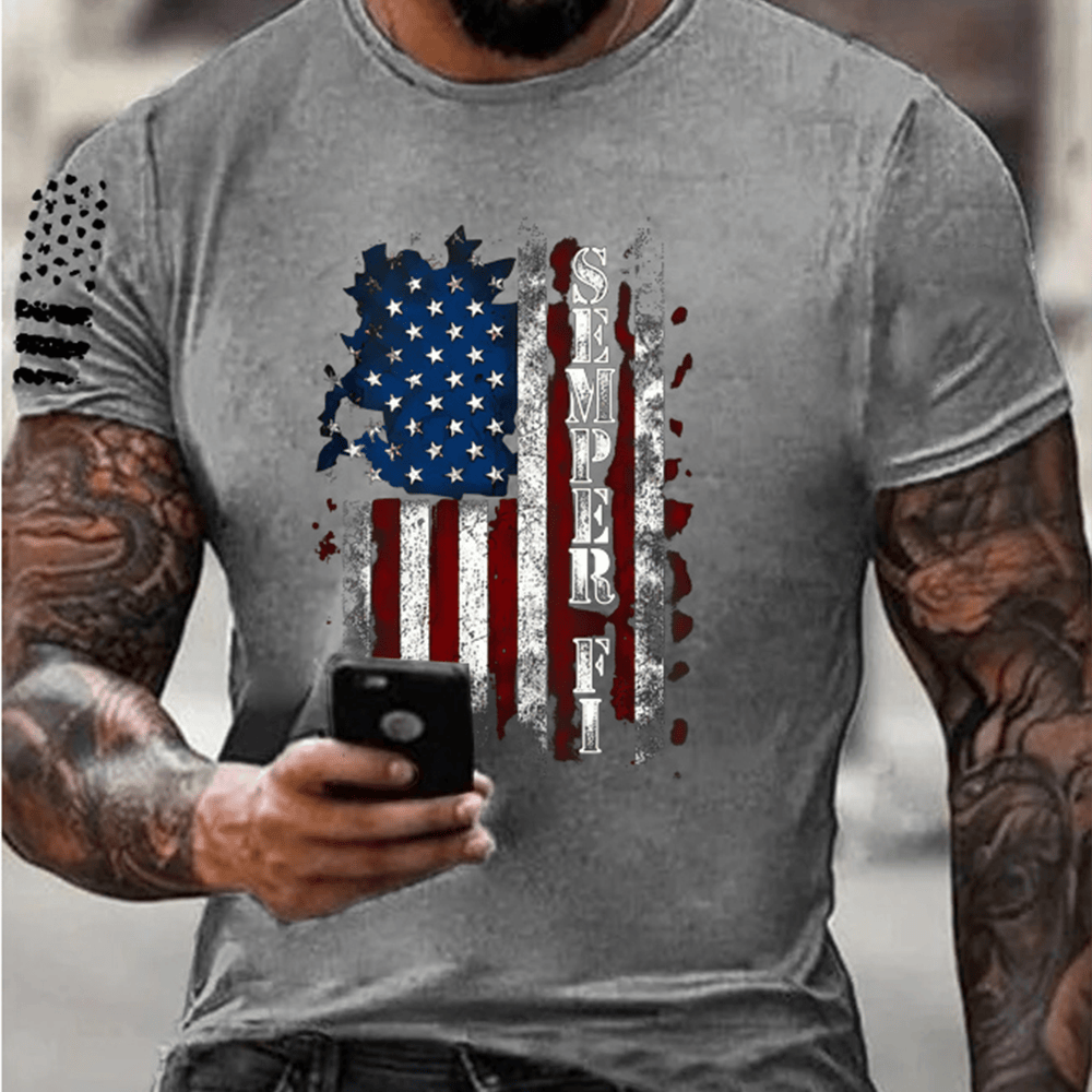 USMC Veteran Semper Fi Grey T-Shirt American Flag Apparel Unique Gifts For Veterans