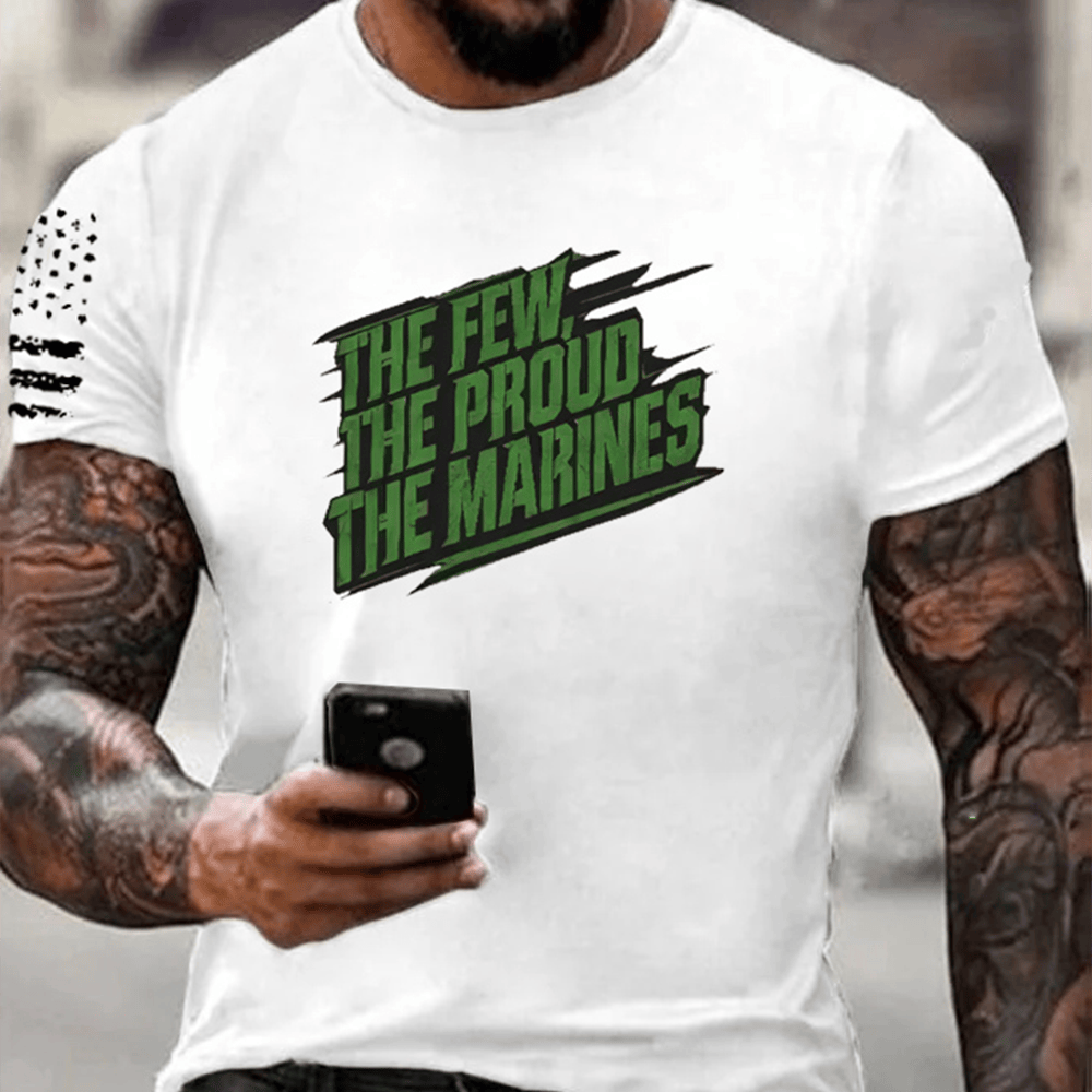 USMC Veteran White T-Shirt The Few The Proud The Marines Pattern Patriotic Shirt