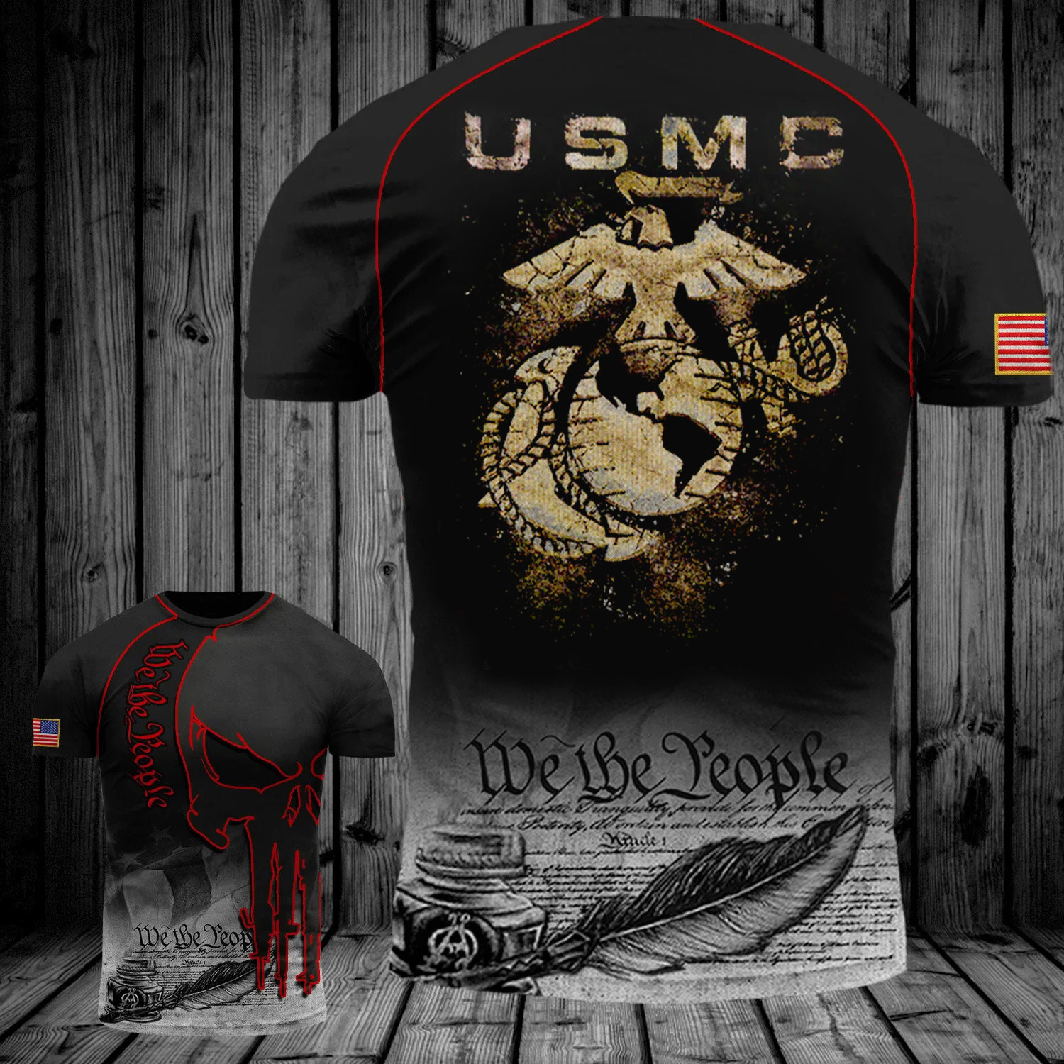 USMC We The People Skull T-Shirt Support Veterans Shirts Marine Gifts