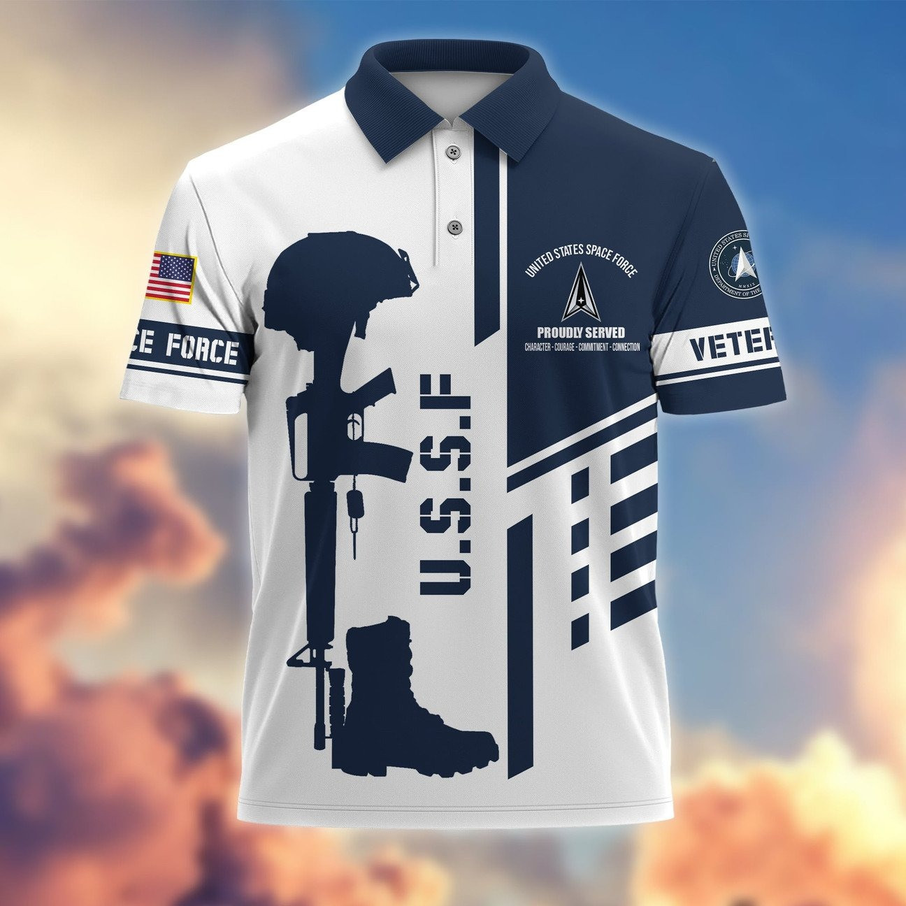 USSF Space Force Proudly Served Character Courage Commitment Connection Polo Shirt Perfect Gift For Dad and Husband on Veterans Day