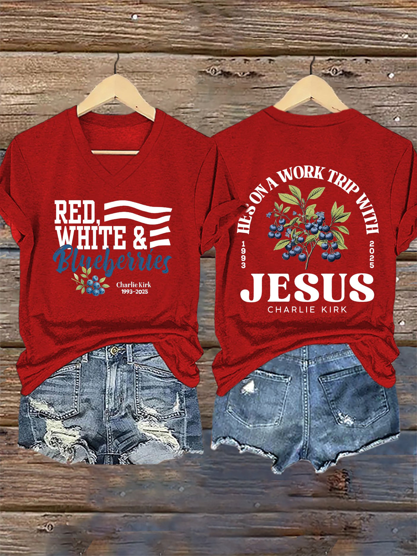 V-neck Retro Red White Blueberries He's On A Work Trip With Jesus Print T-Shirt