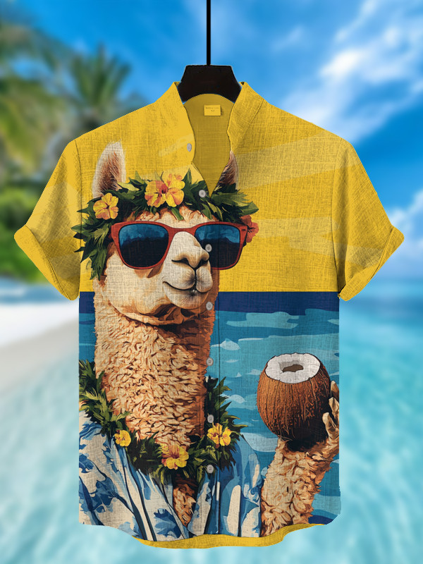 Vacation Alpaca Wearing Flower Rings Drinking Coconut Juice Art Hawaiian Shirt Gifts For Him