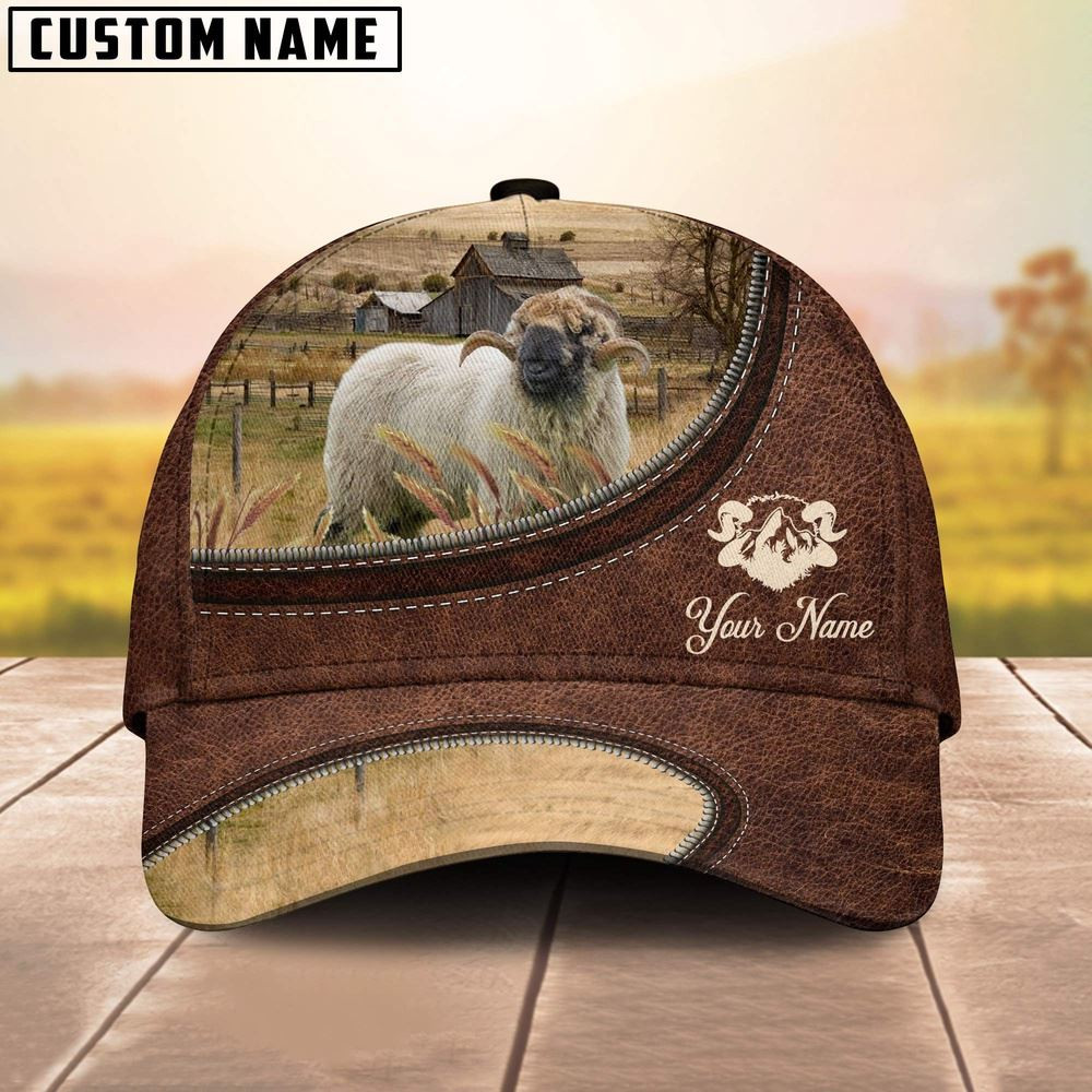 Valais Blacknose On The Farm Customized Name Leather Pattern Cap Farm Cap Gift For Farmer