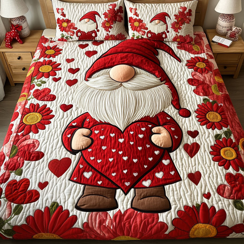 Valen Gnome Love Quilted Bedding Set High-Quality Cotton Bedding Set for Deep Sleep