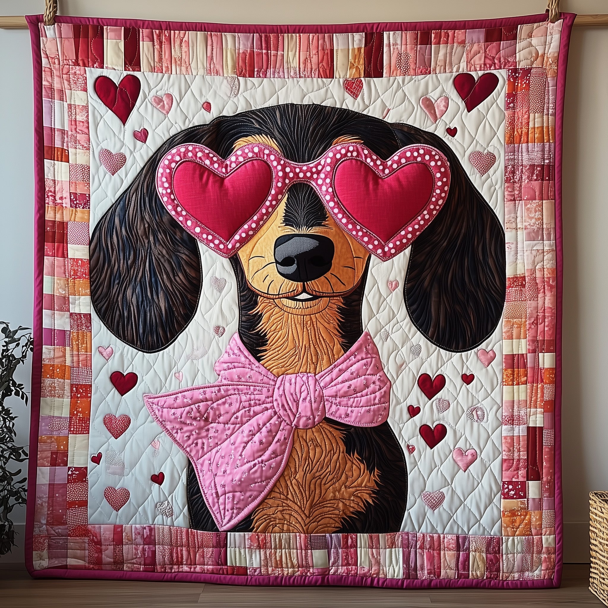 Valentine Dachshund Quilted Blanket Merchandise Throw BlanketGift For Dog Lovers Owners