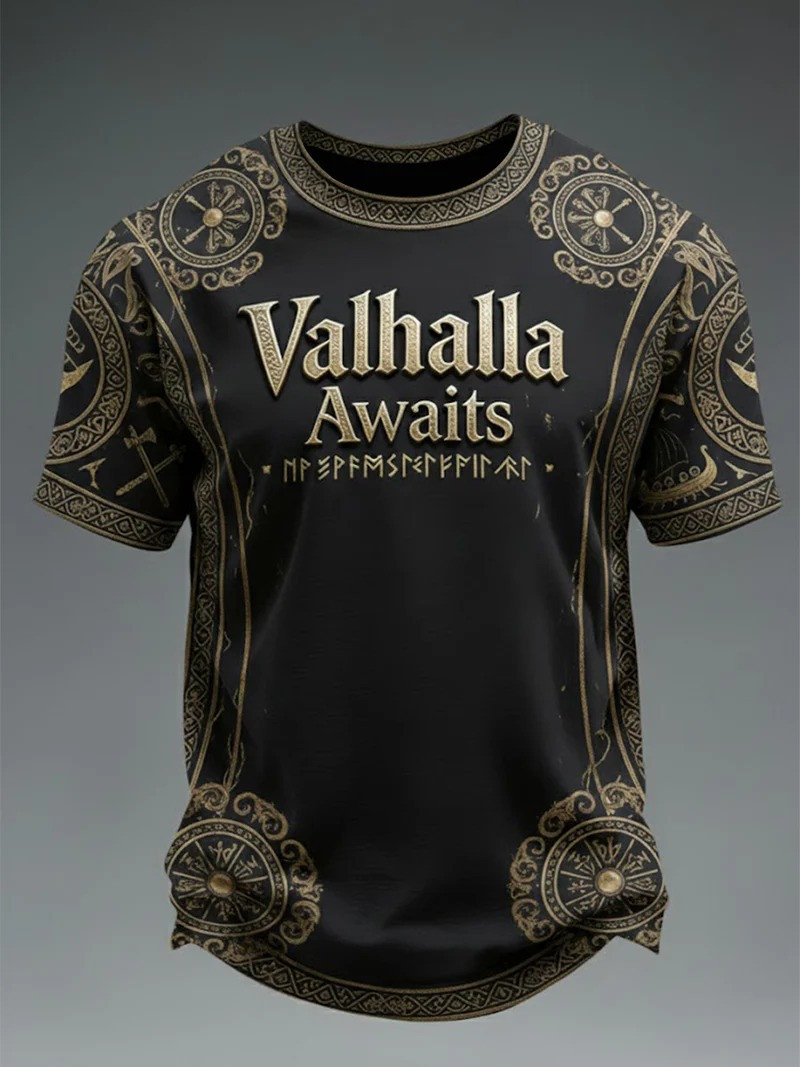 Valhalla Awaits Viking Style T-Shirt Norse Mythology Rune Border Warrior Apparel Gift For Viking Fans